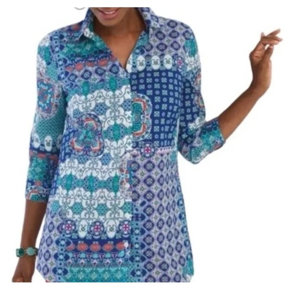 Chicos No-Iron Button Tunic Shirt Size 2 L Blue Patchwork Paisley 3/4 Sleeve